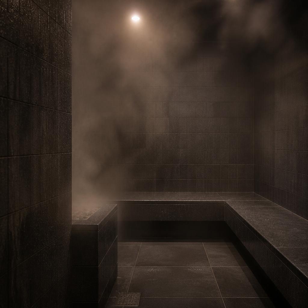 Dark tile steam room with billowing eucalyptus steam