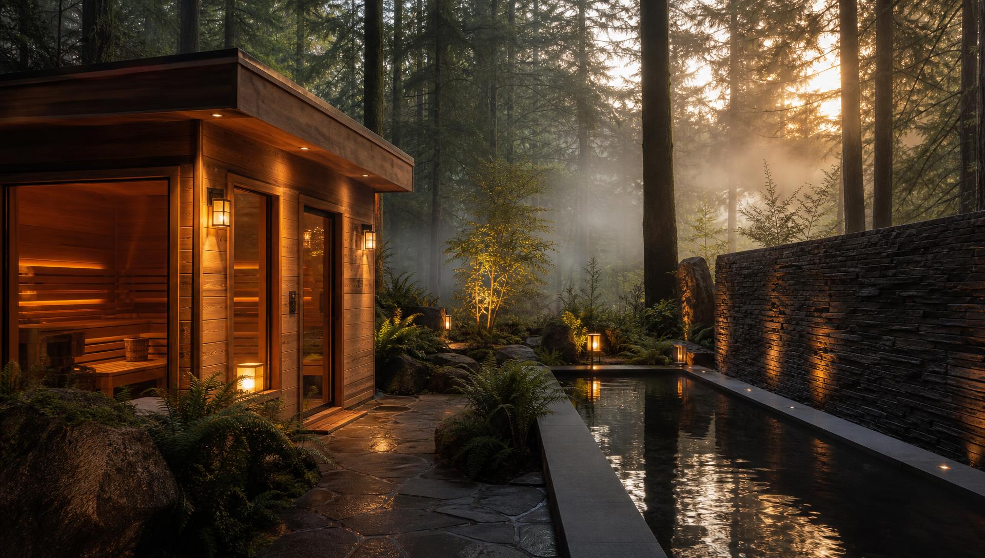 A large square cedar sauna and a long soaking basin against a black stone wall in a misty Pacific Northwest garden at twilight